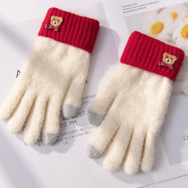 拼色五指針織小熊觸控保暖手套