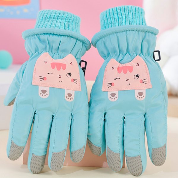 兒童可愛貓咪防風防潑水加絨保暖手套